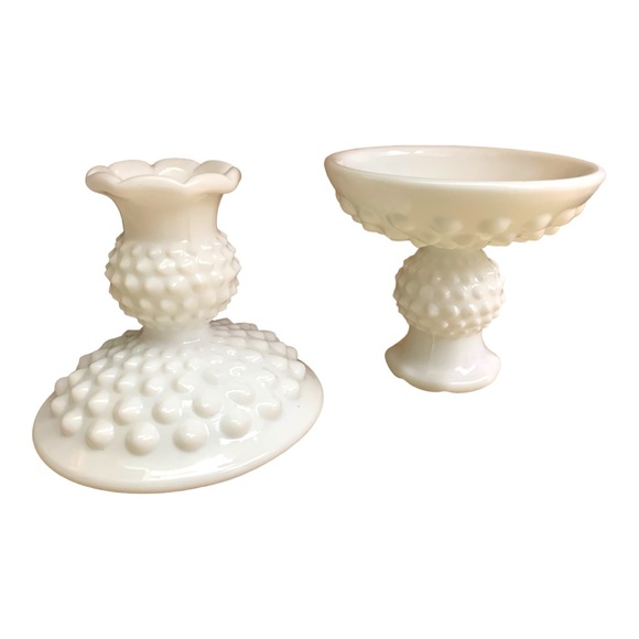 VTG Fenton Hobnob Milk Glass Ceramic Candlestick Holders Pair Collectible Chic - Picture 6 of 9